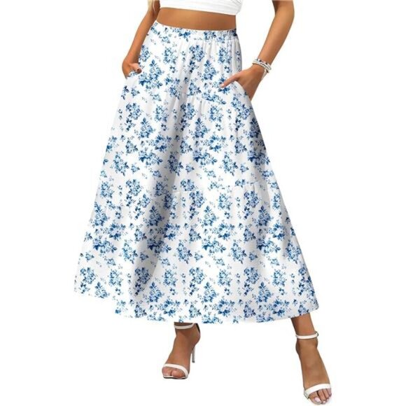 Women's Elastic High Waist A-Line Flowy Swing White Blue - Picture 1 of 6